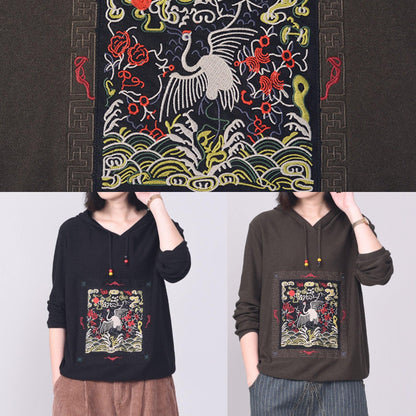 Vintage army brown knit tops casual long sleeve sweater hooded - SooLinen