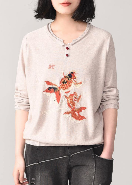 Vintage beige embroidery knit coats fall fashion o neck knit  tops autumn - SooLinen