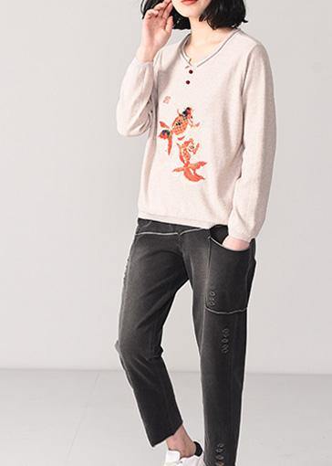 Vintage beige embroidery knit coats fall fashion o neck knit  tops autumn - SooLinen