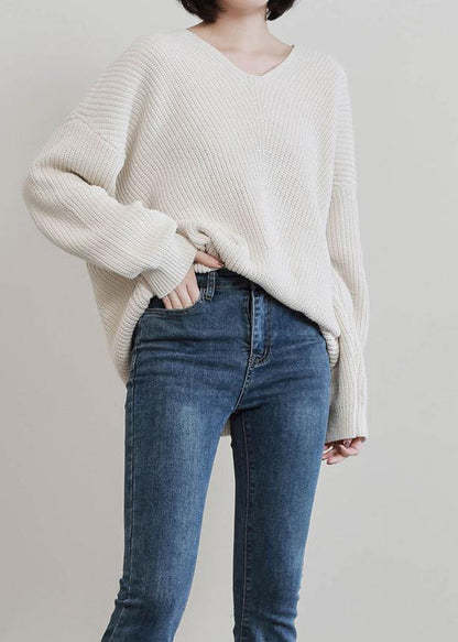 Vintage beige knit tops fall fashion v neck Batwing Sleeve knitted t shirt - SooLinen