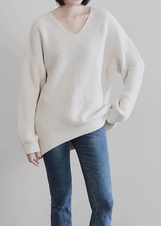 Vintage beige knit tops fall fashion v neck Batwing Sleeve knitted t shirt - SooLinen