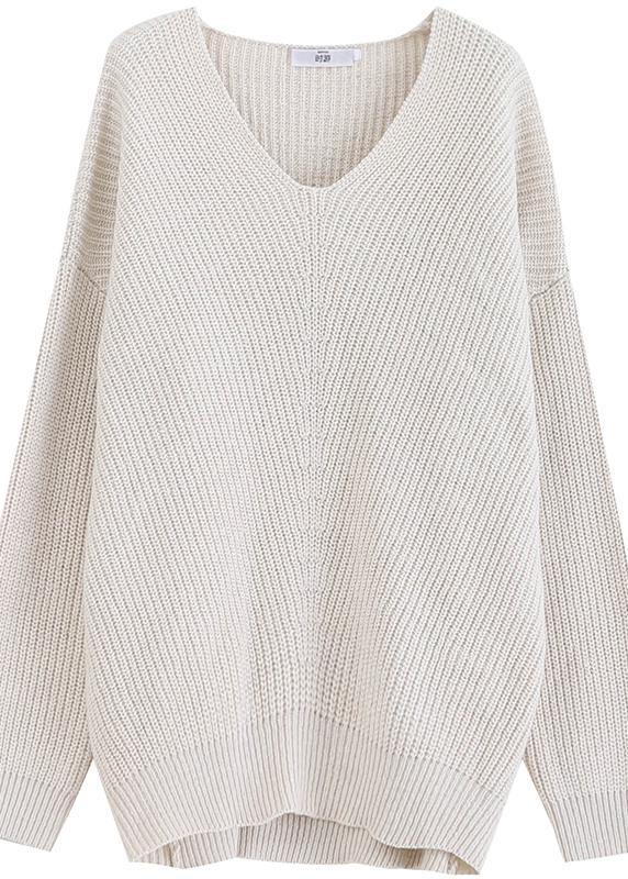 Vintage beige knit tops fall fashion v neck Batwing Sleeve knitted t shirt - SooLinen