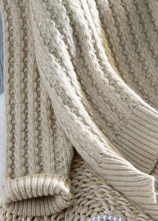 Vintage beige knitted pullover low high design plus size clothing half high neck knit sweat tops - SooLinen