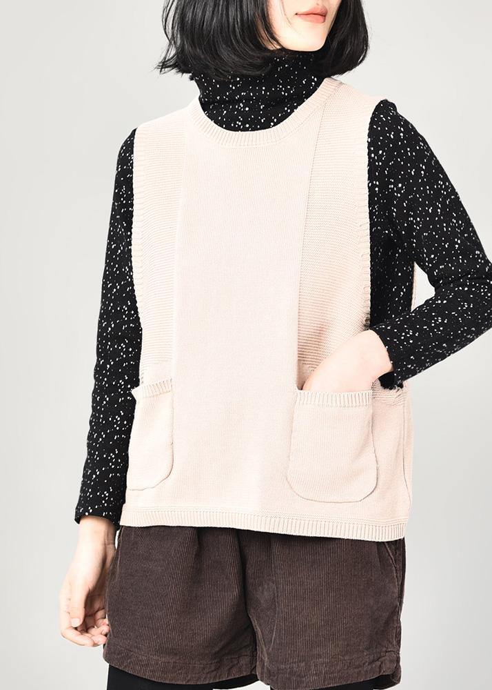 Vintage beige o neck sweater coat casual autumn sweaters sleeveless - SooLinen