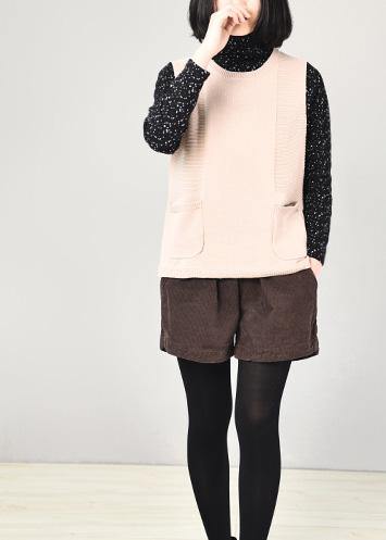 Vintage beige o neck sweater coat casual autumn sweaters sleeveless - SooLinen