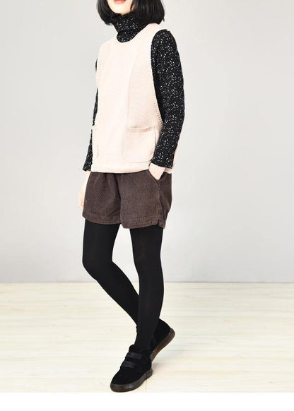 Vintage beige o neck sweater coat casual autumn sweaters sleeveless - SooLinen