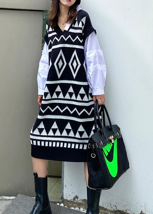 Vintage black Geometric Sweater Wardrobes Beautiful v neck DIY sweater dress - SooLinen