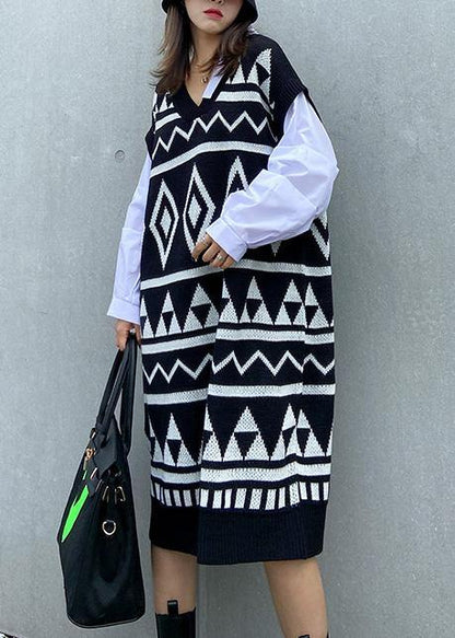 Vintage black Geometric Sweater Wardrobes Beautiful v neck DIY sweater dress - SooLinen