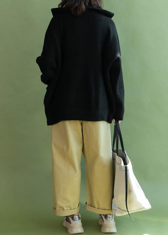 Vintage black Loose fitting winter zippered knit outwear - SooLinen