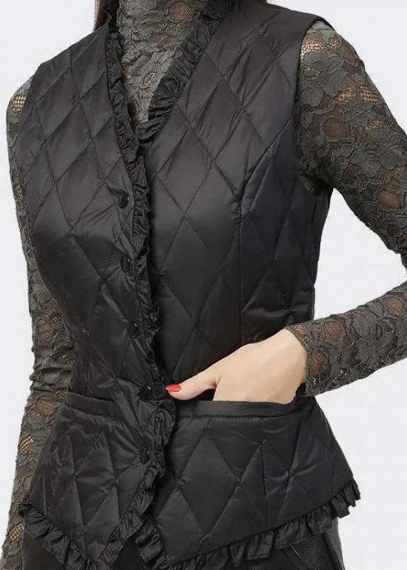 Vintage black button Ruffled V Neck Fine Cotton Filled vest Spring