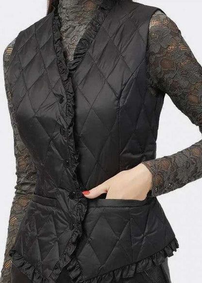Vintage black button Ruffled V Neck Fine Cotton Filled vest Spring