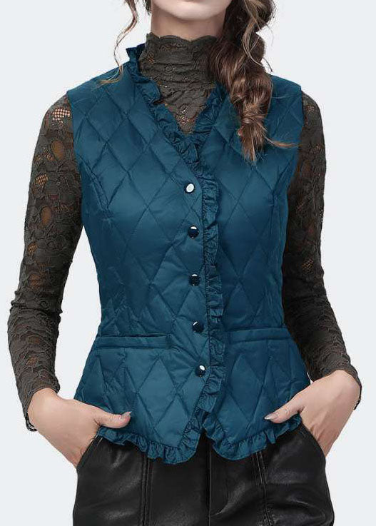 Vintage black button Ruffled V Neck Fine Cotton Filled vest Spring