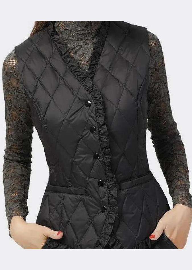 Vintage black button Ruffled V Neck Fine Cotton Filled vest Spring