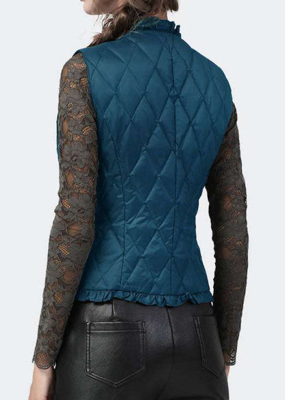 Vintage black button Ruffled V Neck Fine Cotton Filled vest Spring