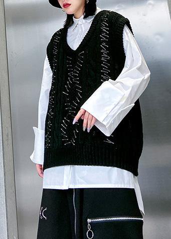 Vintage black knit blouse sleeveless plus size v neck knit sweat tops - SooLinen