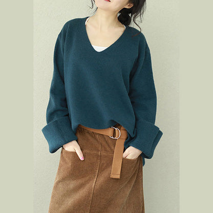 Vintage blaues Pullover-Outfit DIY V-Ausschnitt Hipster Strickoberteile