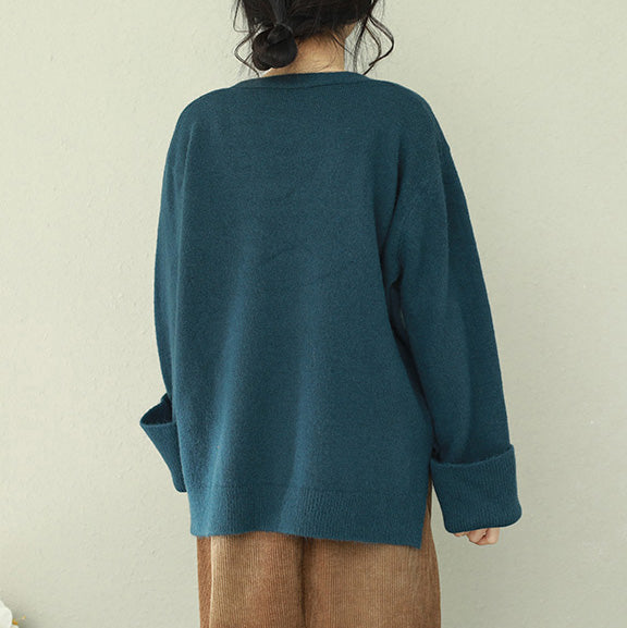 Vintage blaues Pullover-Outfit DIY V-Ausschnitt Hipster Strickoberteile