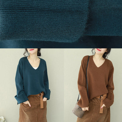 Vintage blaues Pullover-Outfit DIY V-Ausschnitt Hipster Strickoberteile