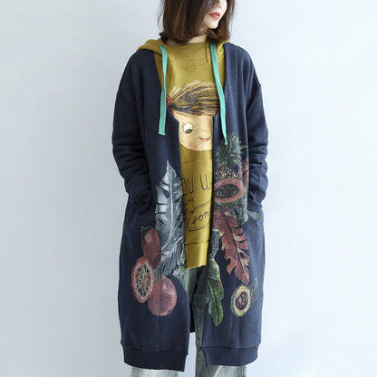 Baumwoll-Cardigans mit Vintage-Blaudruck und V-Ausschnitt in Übergröße, langärmlige Trenchcoats