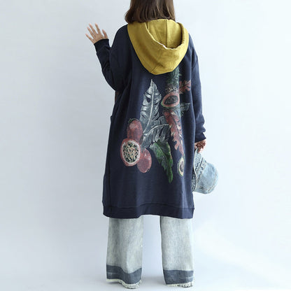 Baumwoll-Cardigans mit Vintage-Blaudruck und V-Ausschnitt in Übergröße, langärmlige Trenchcoats