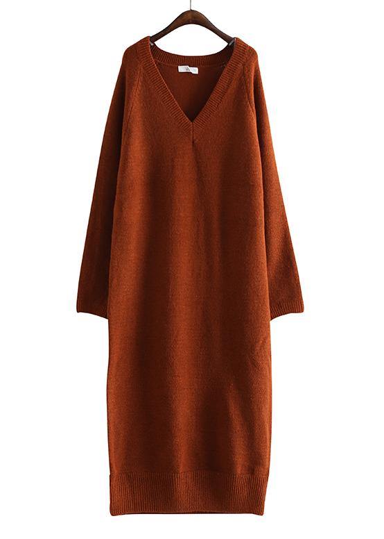 Vintage chocolate Sweater Wardrobes Street Style v neck baggy daily sweater dresses - SooLinen