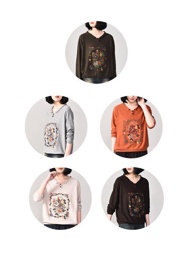 Vintage chocolate knit blouse casual v neck knitwear wild - SooLinen