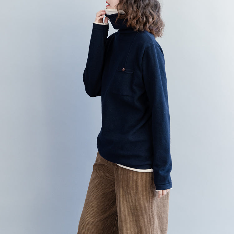 Vintage dunkelblaue Strickmäntel Locker sitzende Strick-Sweatshirts mit hohem Halsausschnitt