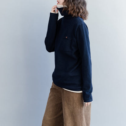 Vintage dunkelblaue Strickmäntel Locker sitzende Strick-Sweatshirts mit hohem Halsausschnitt