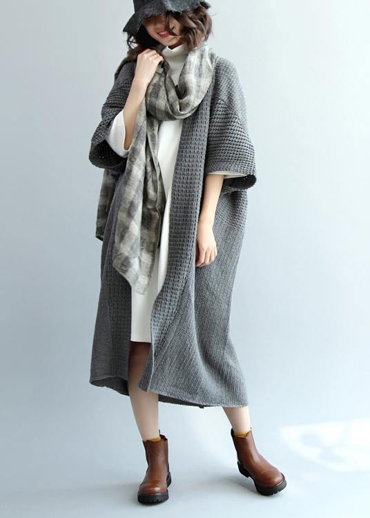 Vintage dark gray knit coats trendy plus size v neck knit sweat coats - SooLinen