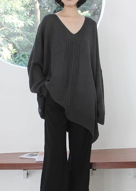 Vintage dark gray knitted blouse fall fashion v neck Batwing Sleeve knitted clothes - SooLinen