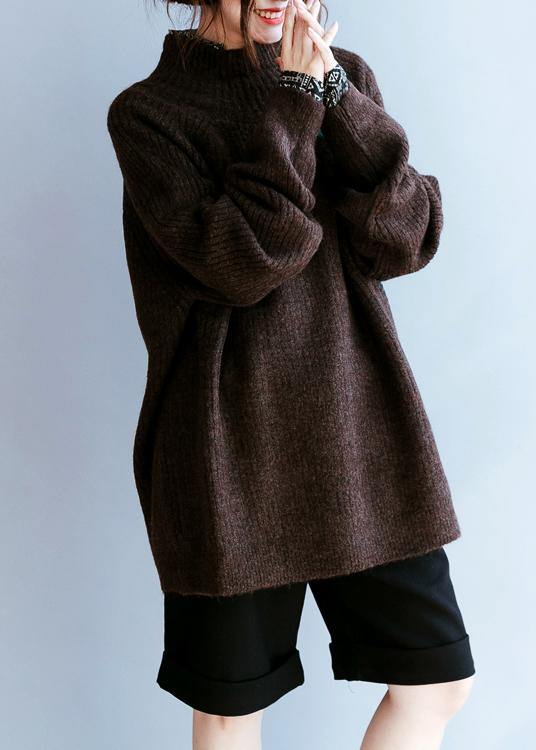 Vintage fall chocolate striped knitted blouse casual high neck knitted clothes - SooLinen