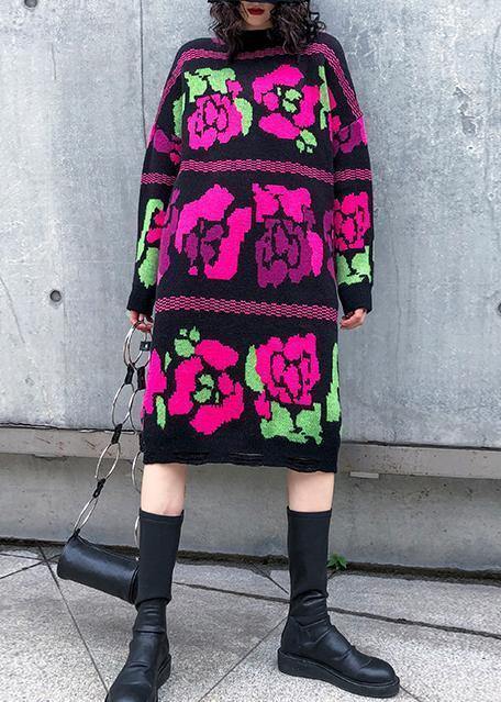 Vintage floral Sweater dress outfit Vintage stand collar Hole baggy knitwear - SooLinen