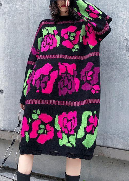 Vintage floral Sweater dress outfit Vintage stand collar Hole baggy knitwear - SooLinen