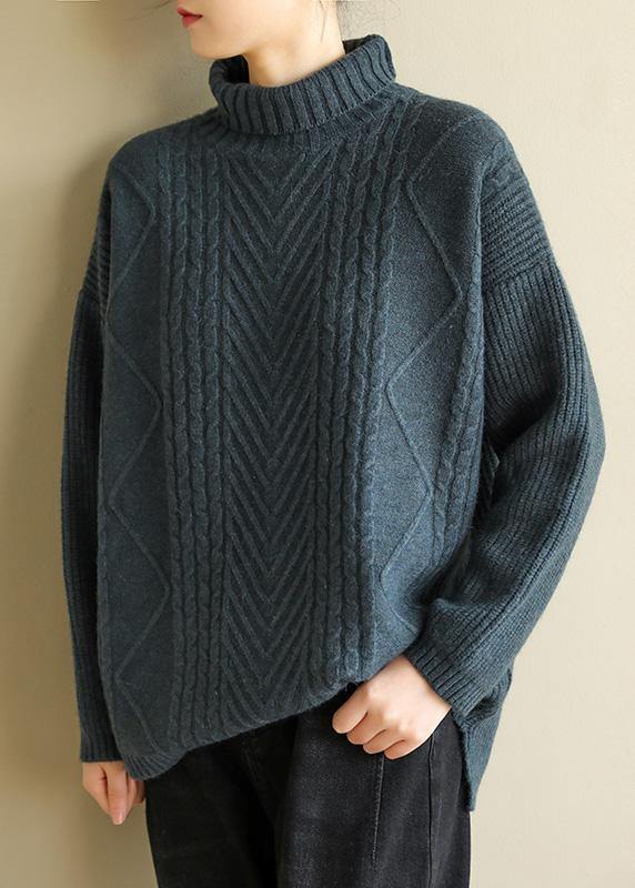 Vintage gray black knitted top cable fashion high neck knitwear - SooLinen