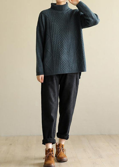 Vintage gray black knitted top cable fashion high neck knitwear - SooLinen