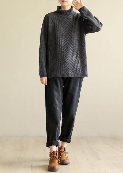 Vintage gray black knitted top cable fashion high neck knitwear - SooLinen