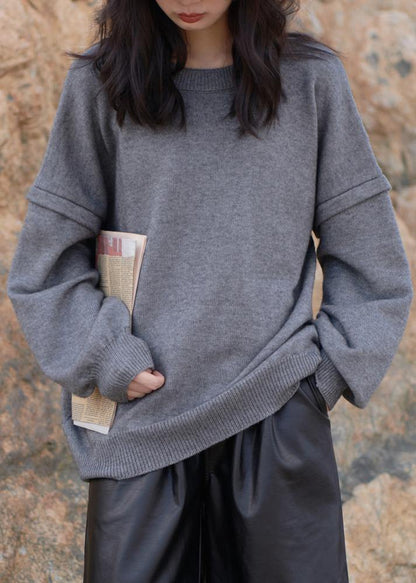 Vintage gray sweaters oversized o neck Cinched Sweater Blouse - SooLinen