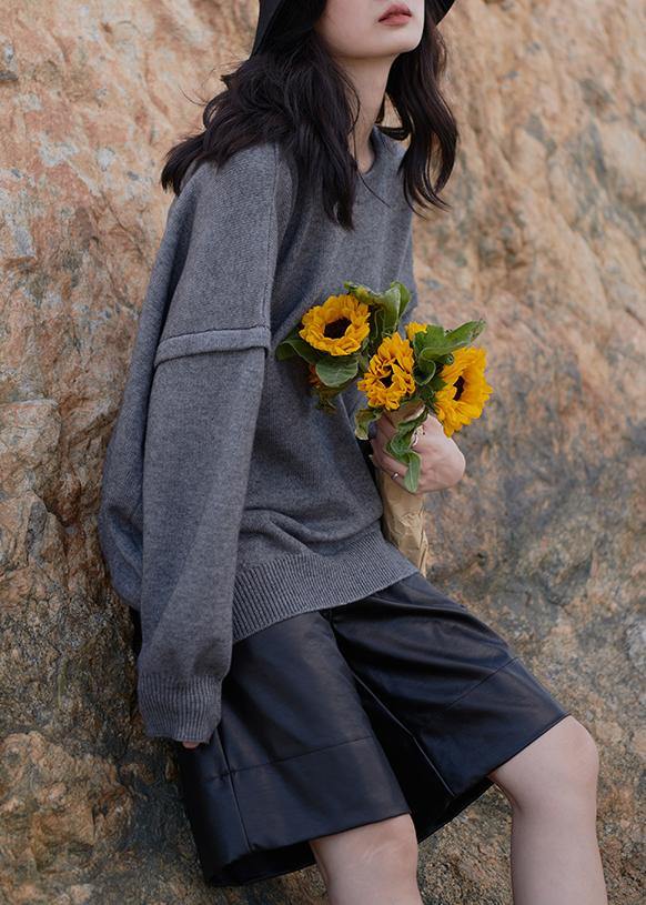 Vintage gray sweaters oversized o neck Cinched Sweater Blouse - SooLinen