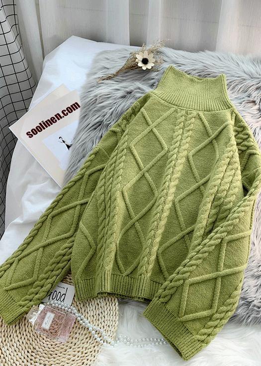 Vintage green knit sweat tops Loose fitting high neck thick knitted pullover - SooLinen