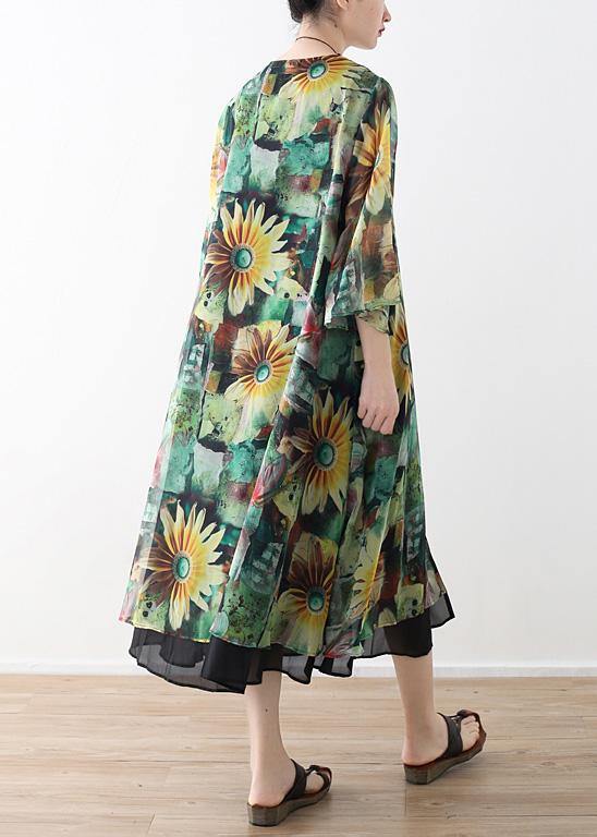 Vintage green print oversized v neck baggy cardigans - SooLinen