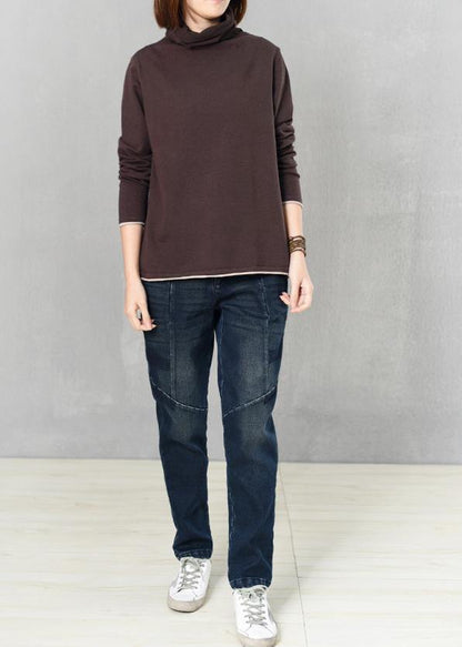 Vintage high neck sweater plus size knit tops chocolate - SooLinen