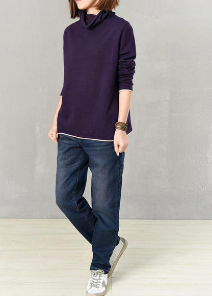 Vintage high neck sweater plus size knit tops chocolate - SooLinen