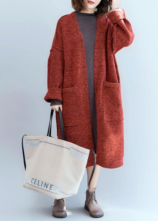 Vintage knitted coat oversized red Batwing Sleeve pockets coats - SooLinen