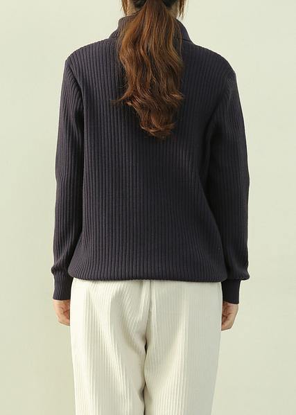 Vintage navy knitted clothes lapel zippered Loose fitting knit tops - SooLinen