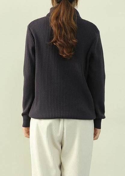 Vintage navy knitted clothes lapel zippered Loose fitting knit tops - SooLinen