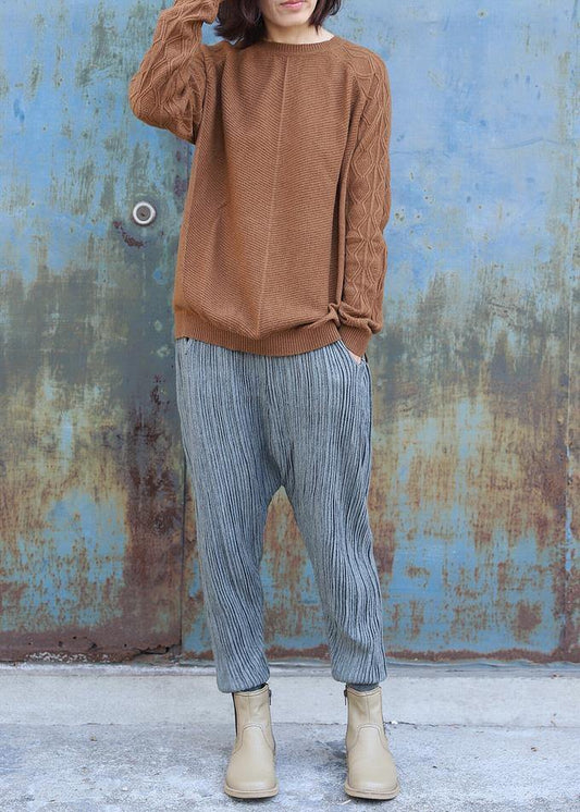 Vintage o neck cable khaki knit sweat tops plus size side open Sweater Blouse - SooLinen