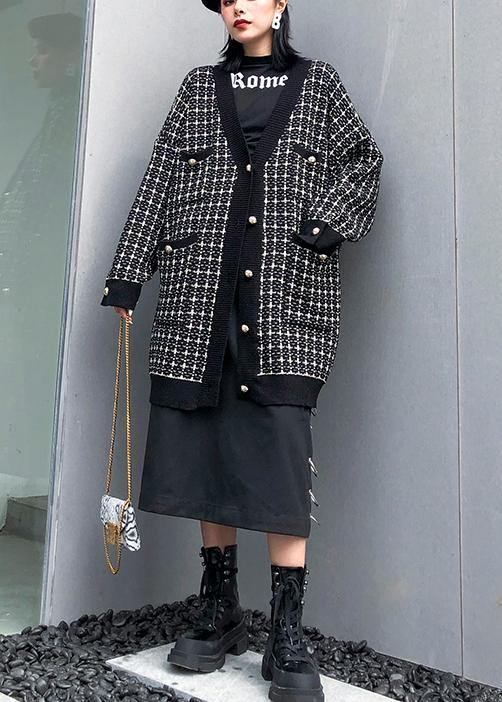 Vintage plaid black knitwear casual v neck cardigans - SooLinen