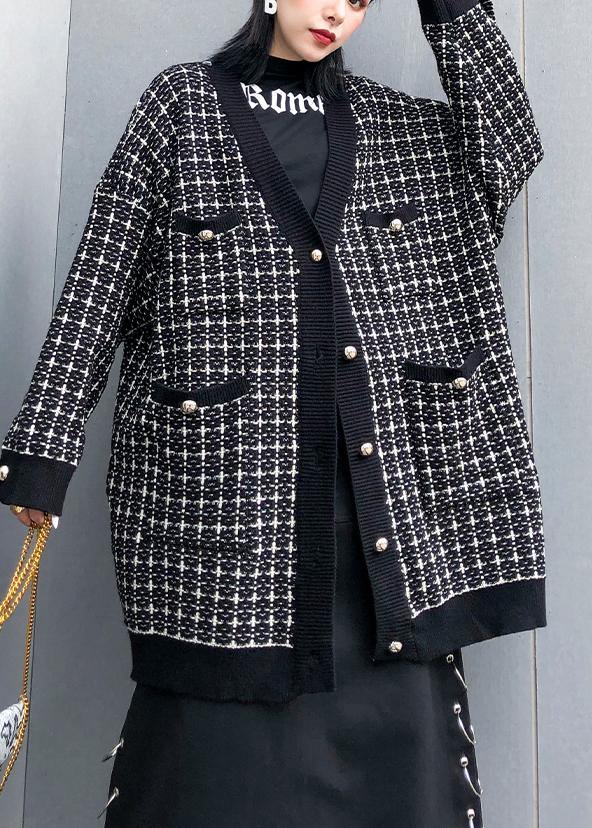 Vintage plaid black knitwear casual v neck cardigans - SooLinen