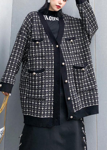Vintage plaid black knitwear casual v neck cardigans - SooLinen