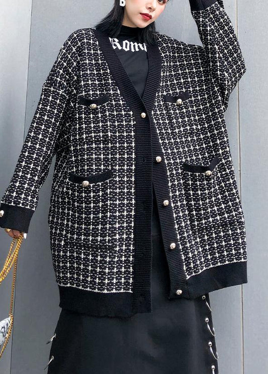 Vintage plaid black knitwear casual v neck cardigans - SooLinen